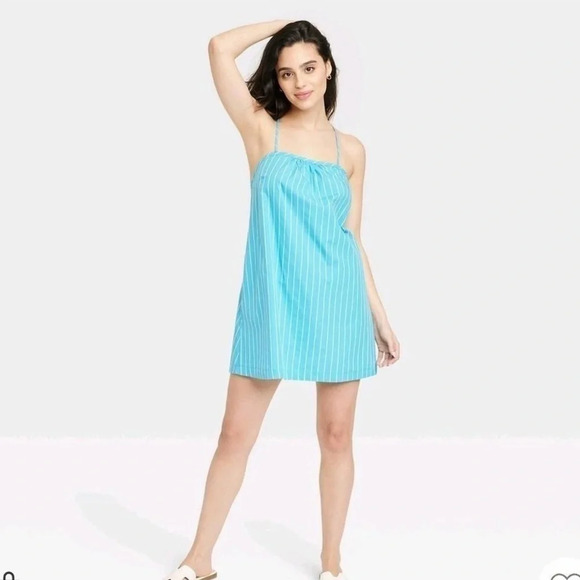 NWT A New Day Sleeveless Shift Mini Dress Striped Size Small Blue Tie Back - Picture 1 of 7